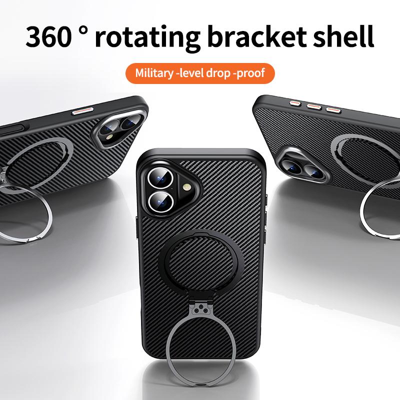 KEYSION Чехол из углеродного волокна с текстурой для MagSafe для iPhone 16 16 Plus с вращающимся на 360 ° магнитным кольцом-подставкой, противоударный чехол для телефона