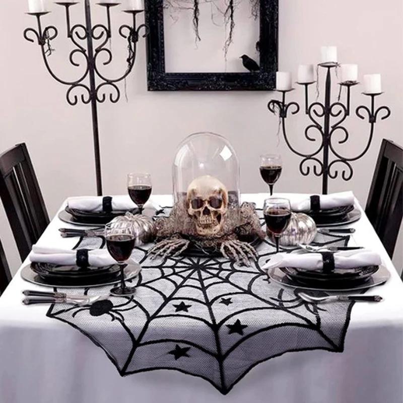 2025 Halloween Decoration Lace Spider Web Skeleton Skull Tablecloth Black Fireplace Mantel Scarf Event Party Supplies