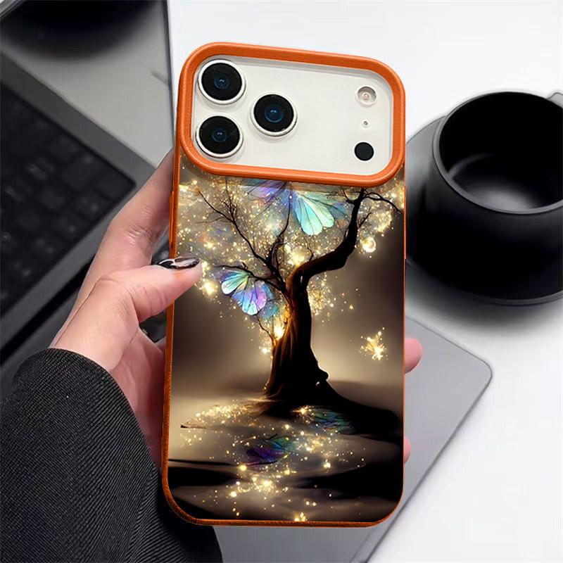 Для iPhone 17 Pro Max Чехол Роскошный Сияющий Фантастическое Дерево Узор Бабочки Кожаная Текстура Силиконовая Крышка Для iPhone 16 Pro Max 15 14 13 12 11 16E Air