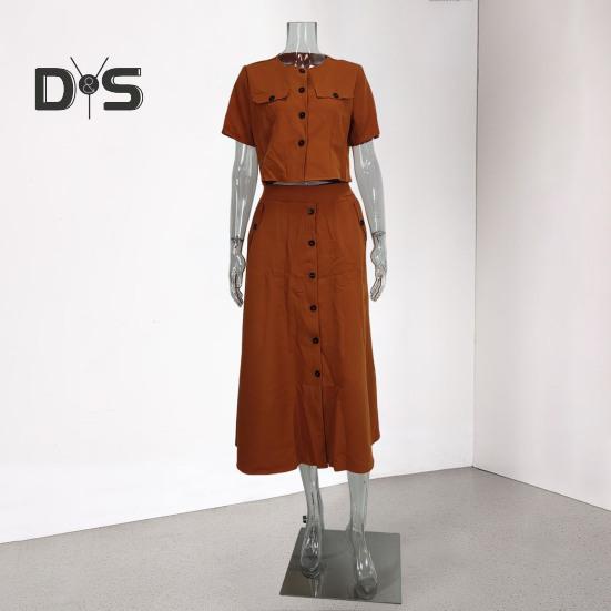 Женская рубашка и юбка, однотонная блузка с круглым вырезом, застегивающаяся на пуговицы, юбка с карманами, летний наряд для офиса, деловых мероприятий