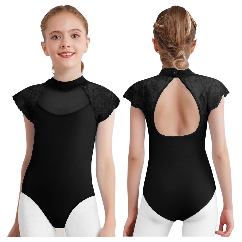 Girls Ballet Exam Leotard Lace Cap Sleeves Sheer Mesh Patchwork Cutout Dance Practice Wear