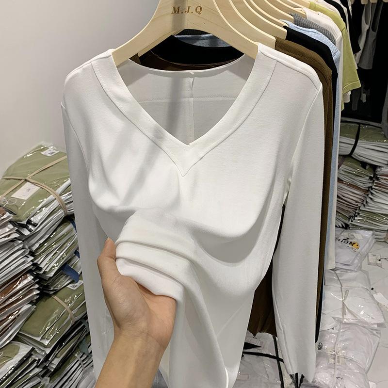 Футболка с V-образным вырезом и длинными рукавами для женщин на весну и осень, новый дизайн, сдержанная рубашка с низом, свободный и универсальный топ на раннюю весну