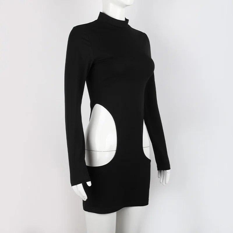 Черная облегающая мини-юбка, женское сексуальное уличное платье с полыми рукавами и длинными рукавами, праздничное платье, женская майка на весну и осень