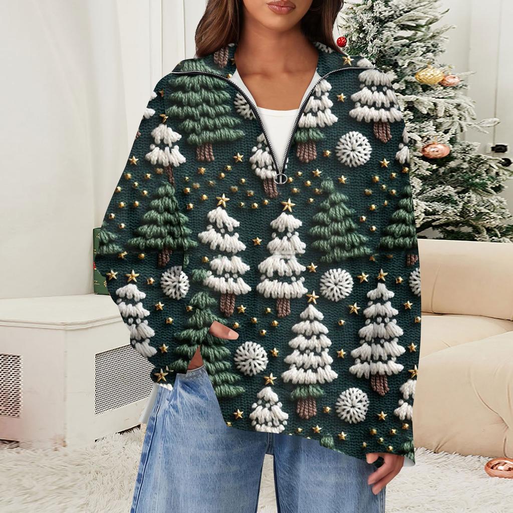 Женский повседневный свитер с полумолнией и лацканами со снежинками и разрезом сверху по бокам, модная одежда