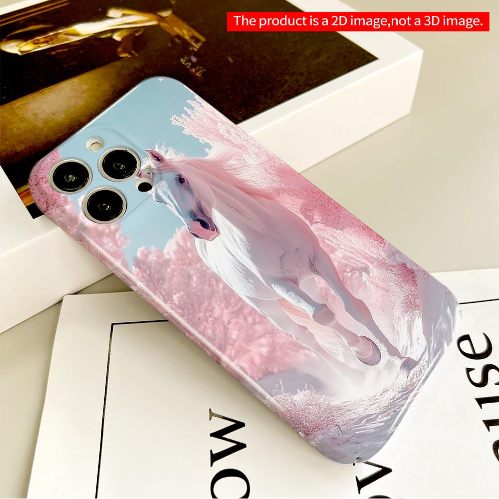 2DFlat White Horse in Pink Forest Path All inclusive film hard phone case, compatible with iPhone 18 Pro Max 17 16 15 14 13 12 11