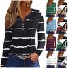 Women's Fashion Casual V-Neck Striped Printed Long Sleeve Decorative Button T-Shirt Top