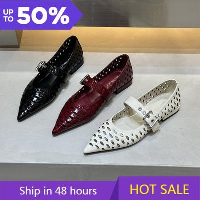 2025 Лето Новые Патентная Кожа Низкий Каблук Плоские Сандалии для Женщин Модные Остроносые С Неглубоким Вырезом Полые С Ремешком на Пуговице Туфли Мэри Джейн