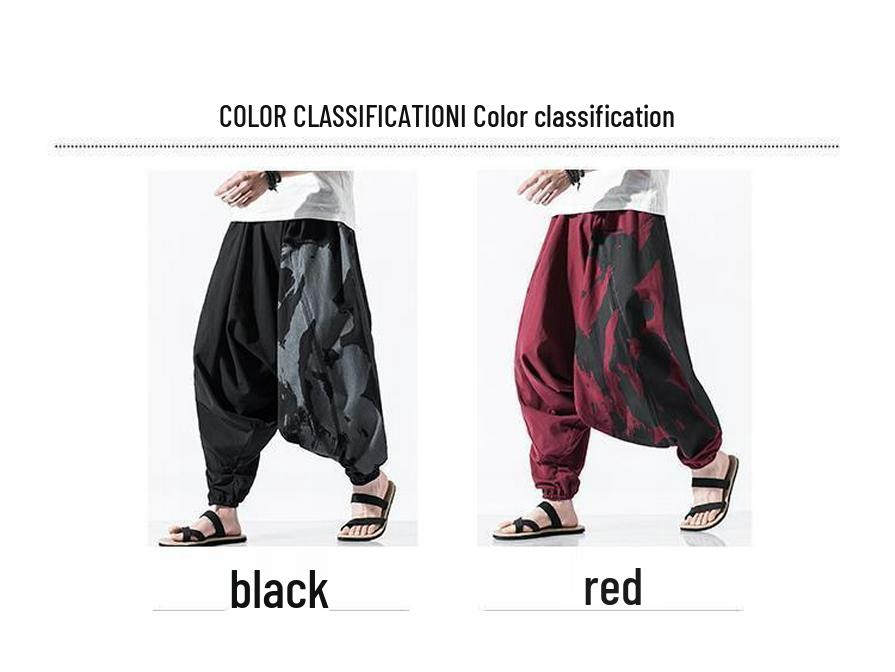 Men's Buddha-Style Loose-Fit Cotton & Linen Pants - Low Crotch, Nine-Point Baggy Japanese Design, Plus Size Available