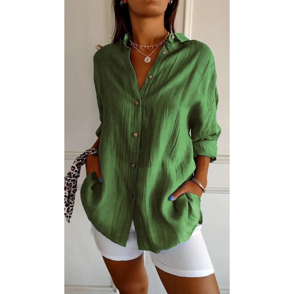 IHUASU Single Breasted Pleated Lapel Shirt Women's Solid Color Pull-up Sleeve Top