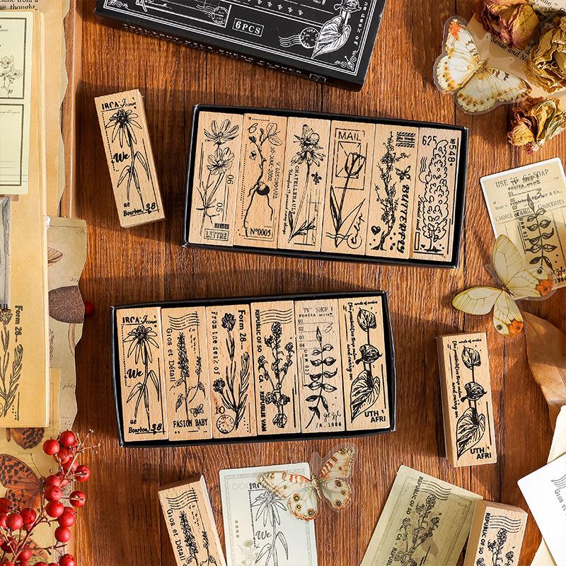 6pcs Botanical Wood Stamps Set, Floral Imprint Journal Seals, English Letter DIY Crafts