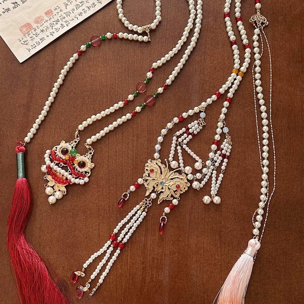 Retro Butterfly Necklace Fringed Chinese Style Necklace Pearl Pendant Necklace  Hanfu Costume