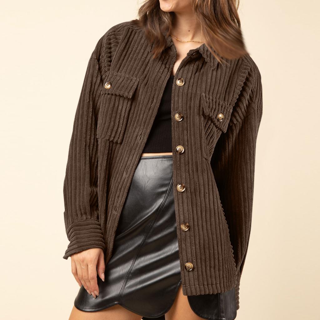 Женская осенне-зимняя однотонная модная полосатая рубашка с большим карманом