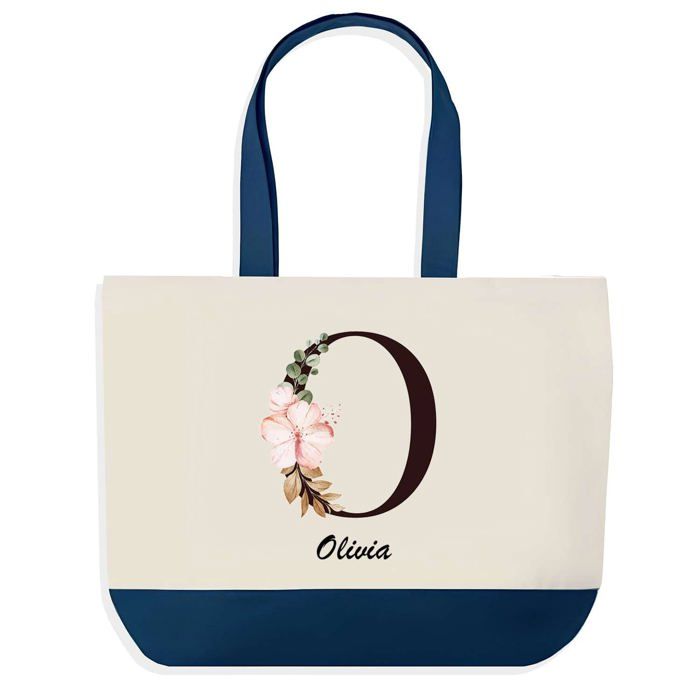 Tote bag - PLANETEE - Olivia - Fond bleu - Motif Lettre Fleur - Coton 40x45 cm