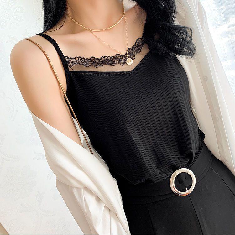 Threaded Tank Top Women Suspender Vest Female Lace Trim Sleeveless Top Elastic Bottom Shirt Casual Solid Color Top