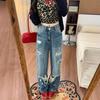 Удобные Рваные Джинсы Женские С высокой талией Большие размеры Свободные Тонкие Фигура "груша" Широкие брюки Джинсы для женщин Длинные джинсовые брюки