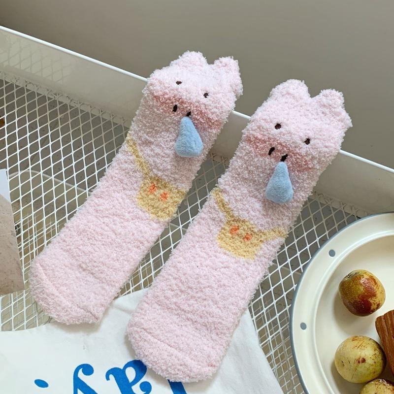 No hair loss coral fleece socks women's autumn and winter warm floor socks cute slug cartoon thickened fleece medium tube socks