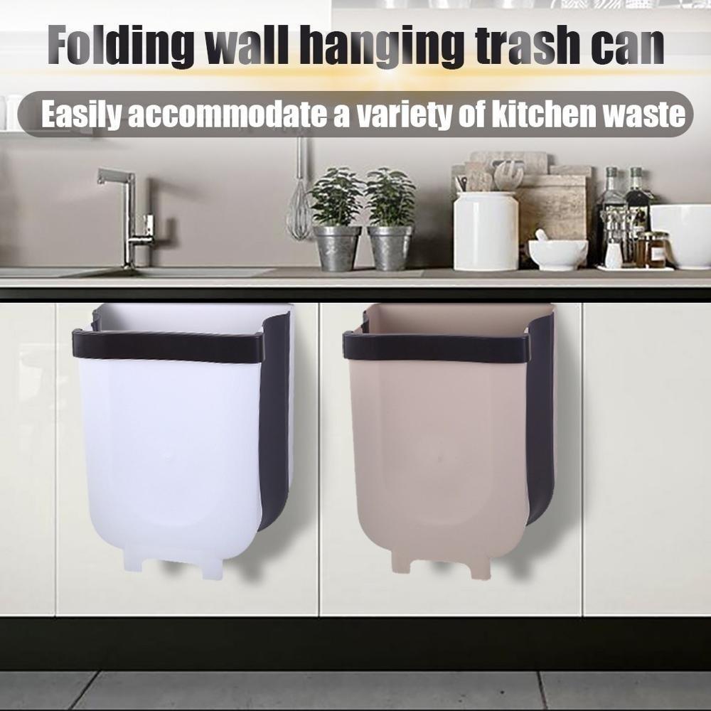 Folding Trash Can Kitchen Cabinet Door Hanging Waste Bin Wall Mounted Trashcan Space Saving Garbage Box for Bathroom Toilet Waste Storage(Size S/L)
