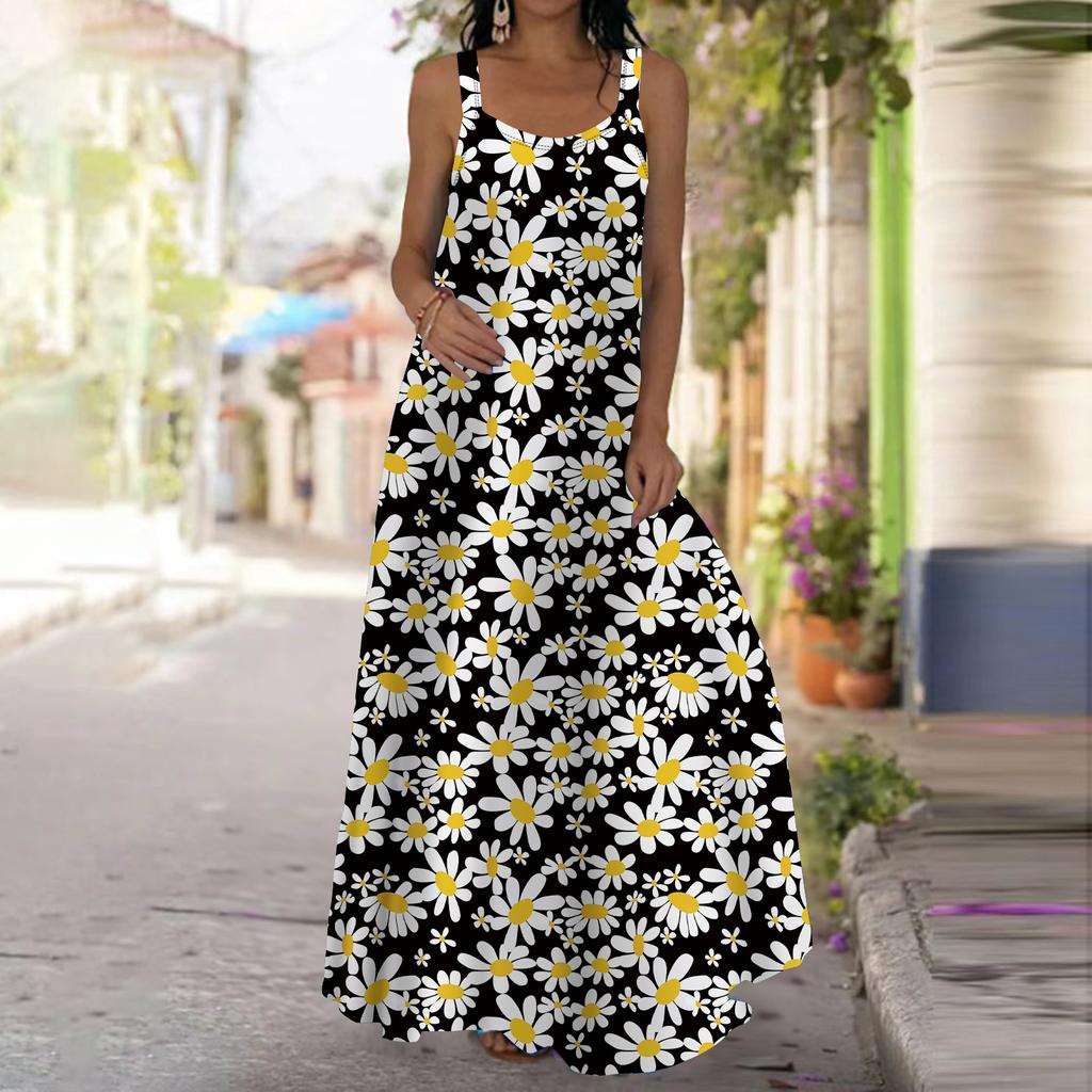 Женское платье-комбинация Длинное платье макси Синее платье с принтом хризантем Весна и лето Для отдыха и отпуска