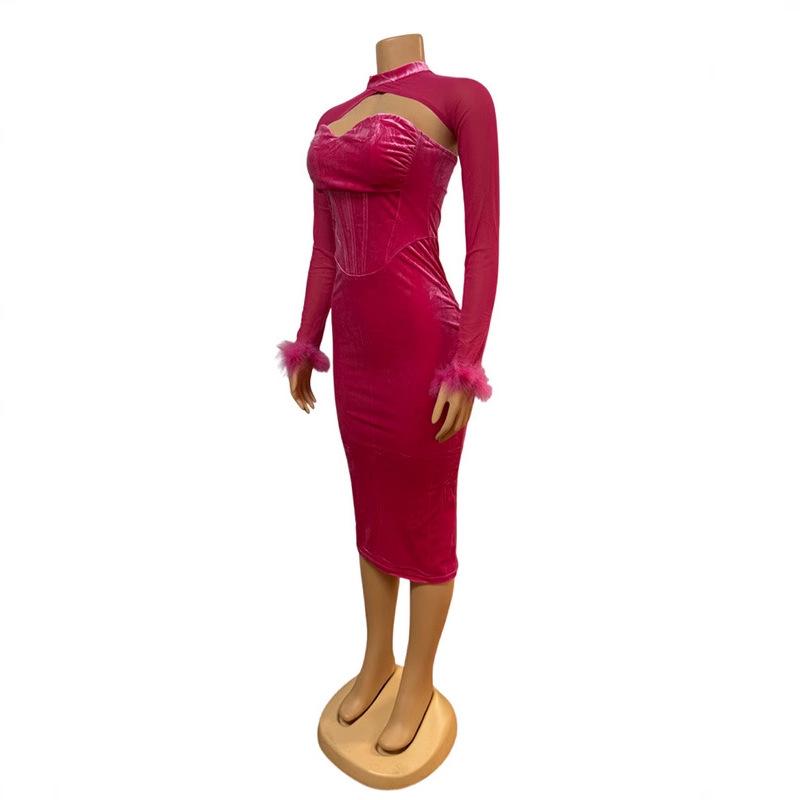 Hot-selling European and American style low-cut feather hip skirt long-sleeved sexy backless dress slim-fitting and thin dress
