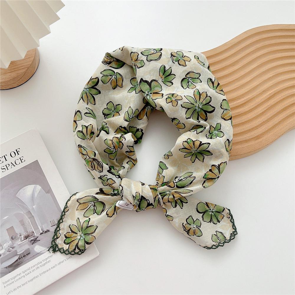 Flower Pattern Hair Scarf Double Sides Head Handkerchief Trendy Silk Scarf Spring Summer Fall