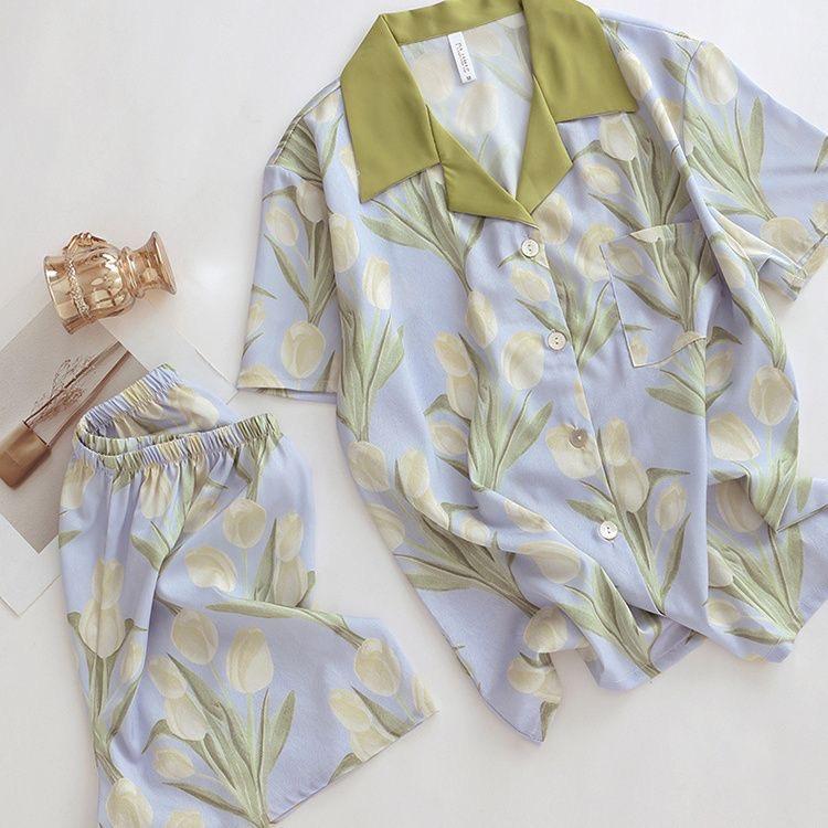 Женский летний комплект из шорт из искусственного шелка, повседневный женский топ с коротким рукавом и шорты, домашняя одежда, пижамный комплект с цветочным принтом и искусственными пятнами
