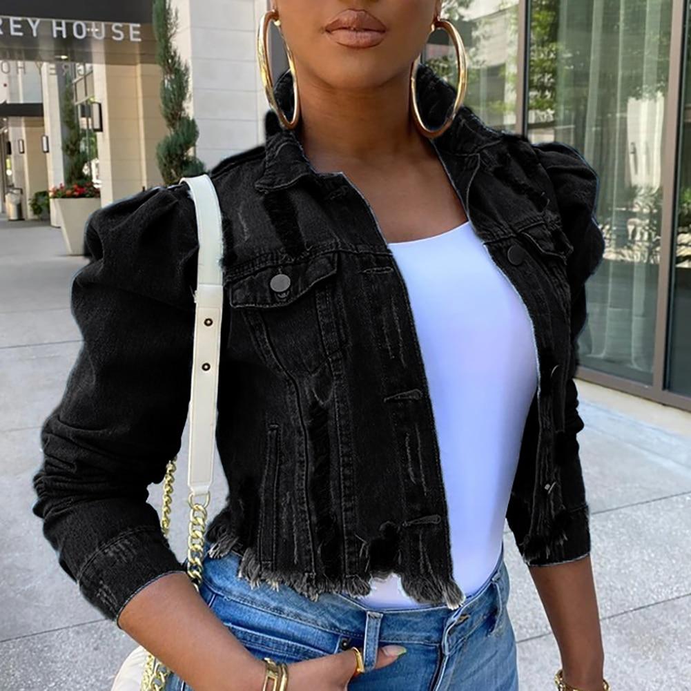 Autumn Women Coat Jackets Sexy Long Sleeve Pocket Ripped Denim Jacket Streetwear Short Coat Plus Size