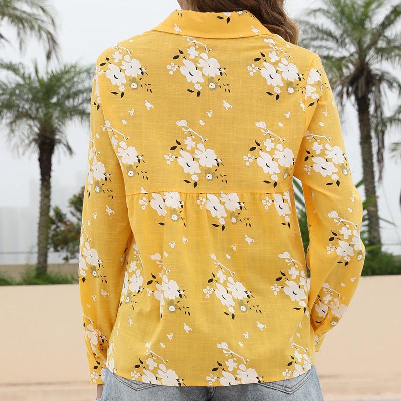 Women Cotton Linen Shirt Turn Down Collar Single Breasted Blouse White Yellow Blue Tops Long Sleeve Floral Printed Shirts