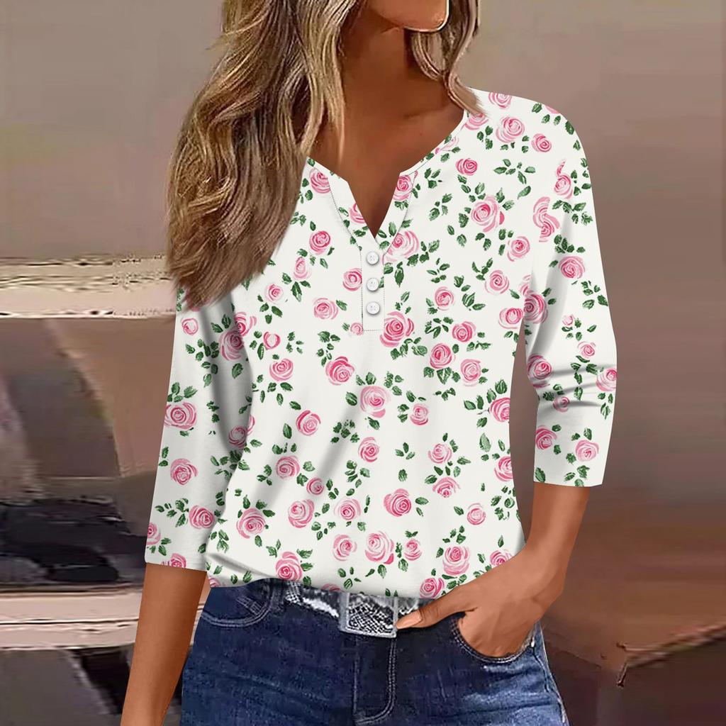 Women's T Shirt Tee Print Button 3/4 Sleeve Daily Weekend Fashion Basic V Neck Regular Top