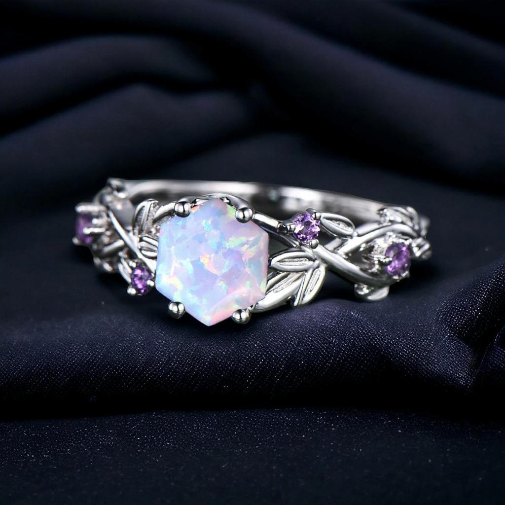 Twig Opal Ring Vintage Hexagon Cut White Opal Engagement Ring White Gold Leaf Amethyst Ring Women October Birthstone Ring Anniversary Gifts