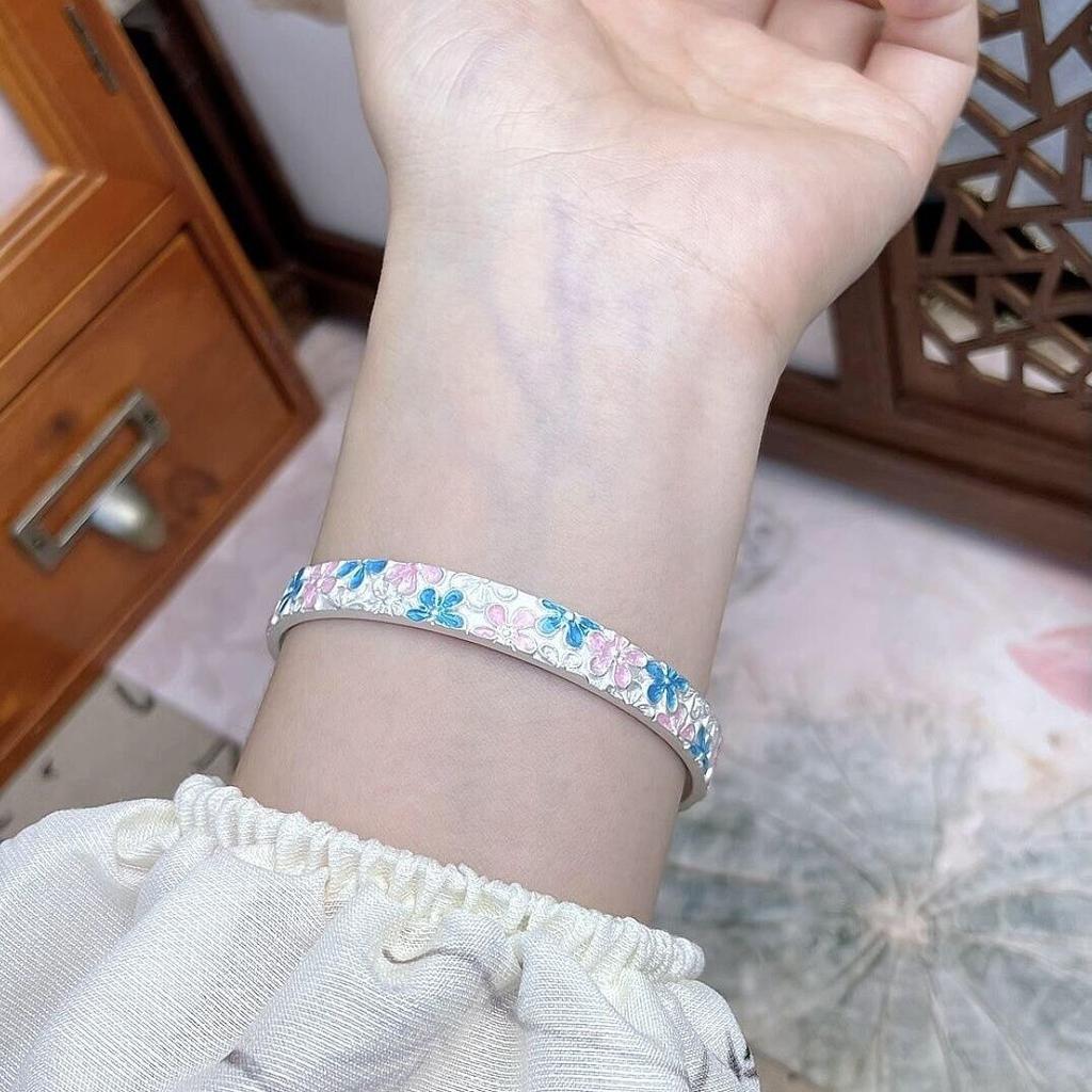 Эмалевый рельефный браслет с цветущими персиковыми цветами, женский браслет, подарок на день рождения для девушки