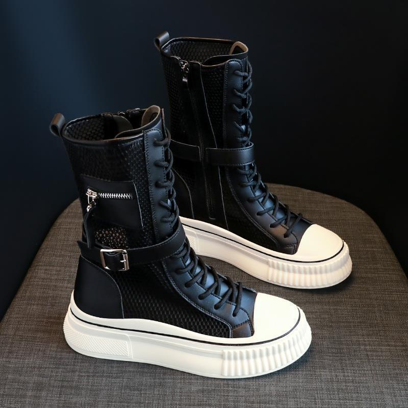 Модные летние ботинки для женщин Модные высокие повседневные ботинки на платформе Дышащие сетчатые ботинки с вырезами для женщин До середины икры Ботинки Кроссовки