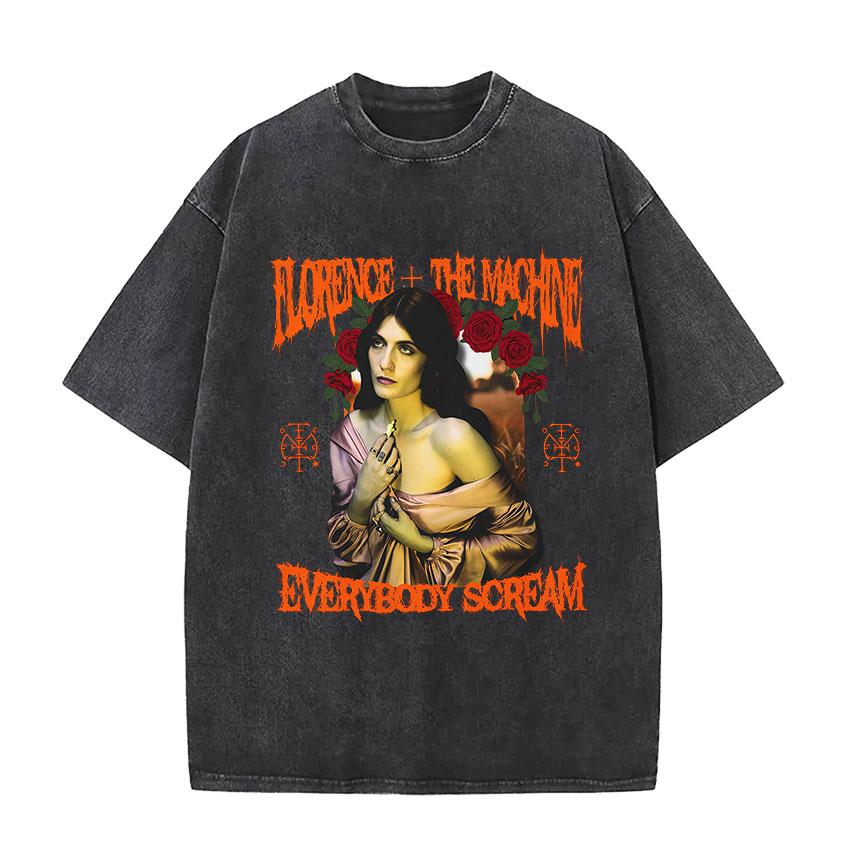 Винтажные стираные Florence The Machine Everybody Scream Tour Графические футболки Мужские Женские Харадзюку Эстетика Оверсайз Футболка