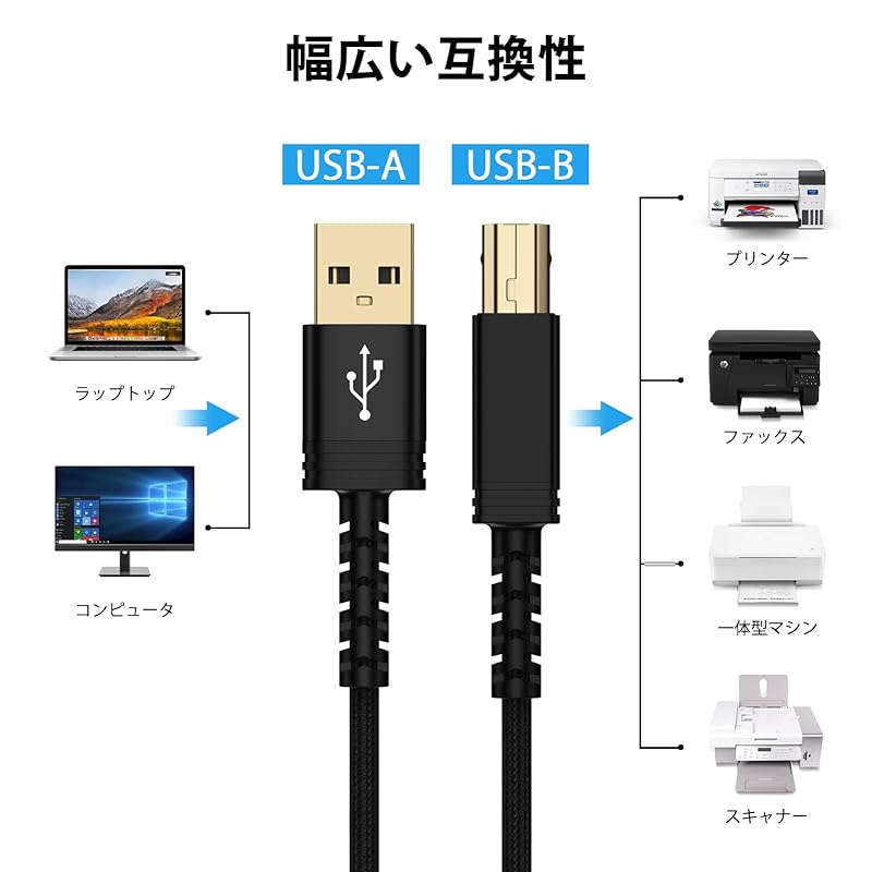 Printer Cable 1.83M Nylon Knitting USB Cable Ab Type Printer Wiring Epson Canon Brother Multifunction Device Such As HP Scanner Fax Machine Compatible