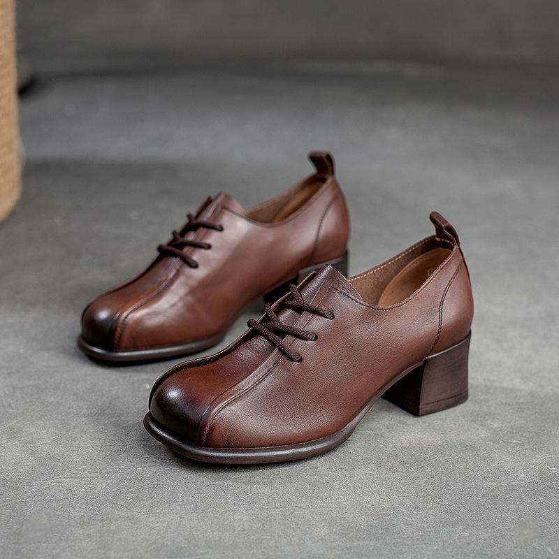 Johnature Женская обувь в стиле ретро, однотонные туфли-лодочки на среднем каблуке, туфли из натуральной кожи с круглым носком на шнуровке ручной работы