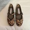 Fashion 2025 New Retro Round Head Ballet Shallow Mouth One Word Buckle Flat Leopard Print Single Shoes Woman