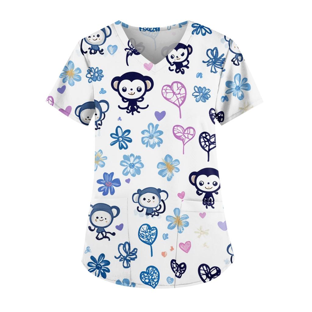 Рабочая форма больших размеров с принтом, топы для женщин, забавные футболки с v-образным вырезом и короткими рукавами, рабочая одежда, футболка с карманами