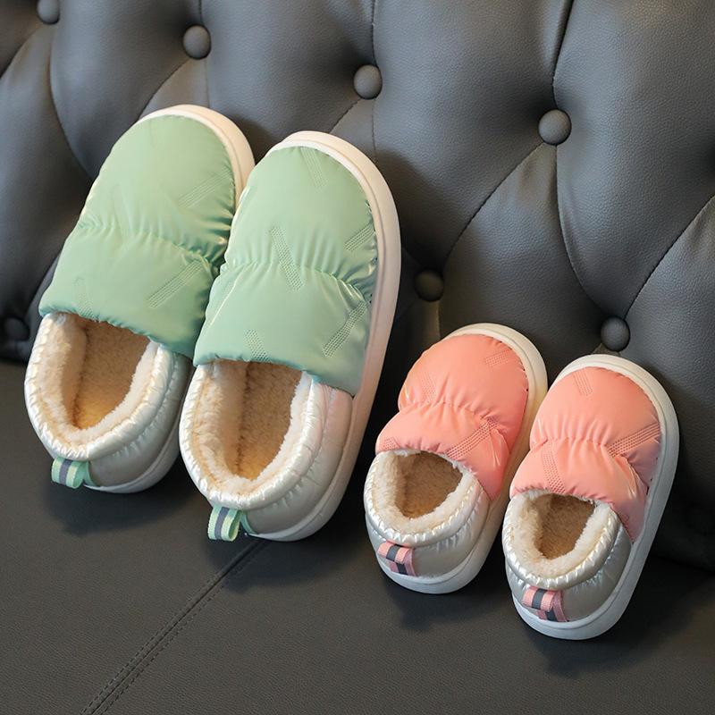 Детские зимние водонепроницаемые хлопковые тапочки, модные тапочки для малышей, мальчиков и девочек, нескользящая пятка, теплая плюшевая высокая домашняя обувь