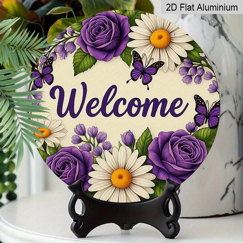 2D Flat 1pc, 8x8 in Printed Artwork, Welcome Wreath Butterfly Round Aluminum Metal Sign, Wall Home Room Farmhouse Home Street, Shop, Garage, Farm