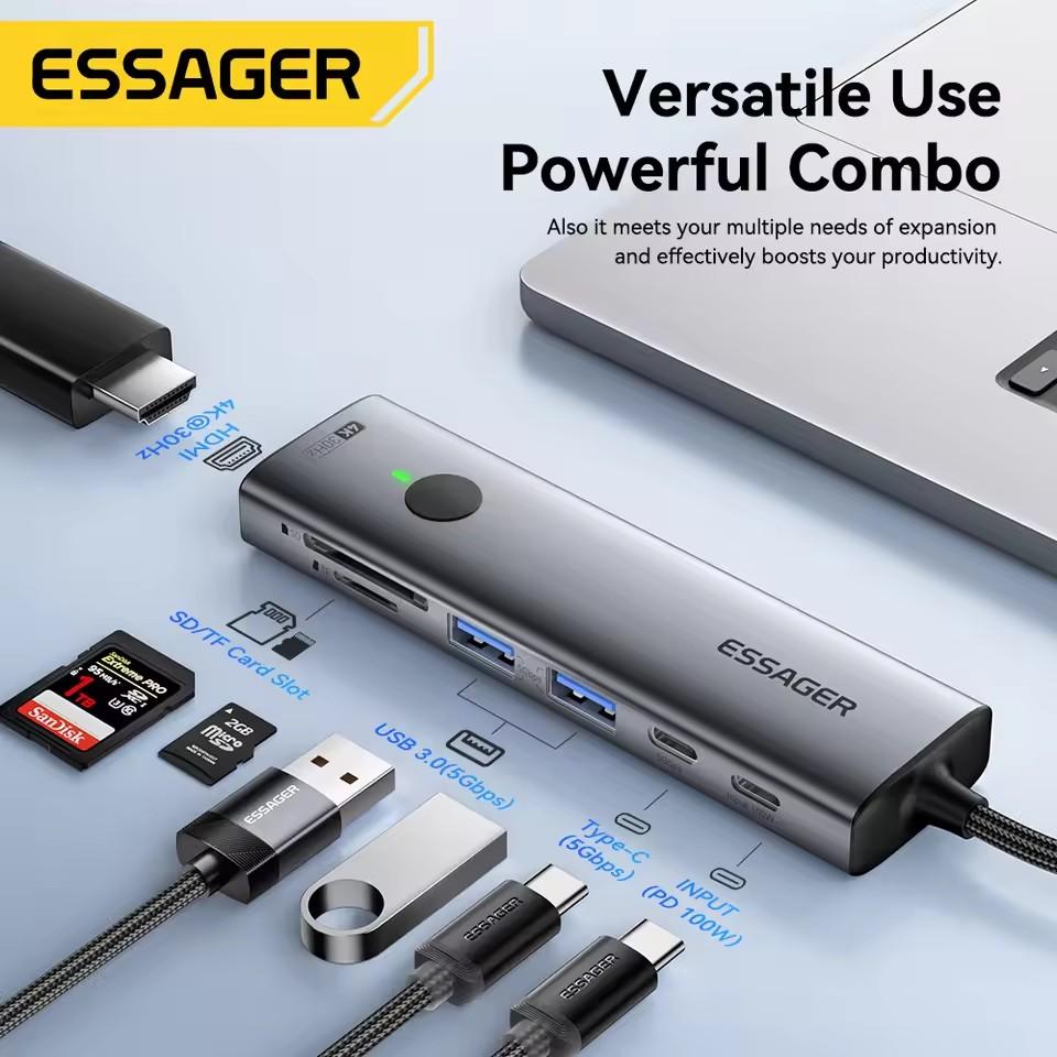 Essager 7 In 1 Type C To USB 3.0 Hub Expansion Dock Adapter Type C To 4K@30Hz HDMI PD100W Charge Dock Station Support SD/TF Read