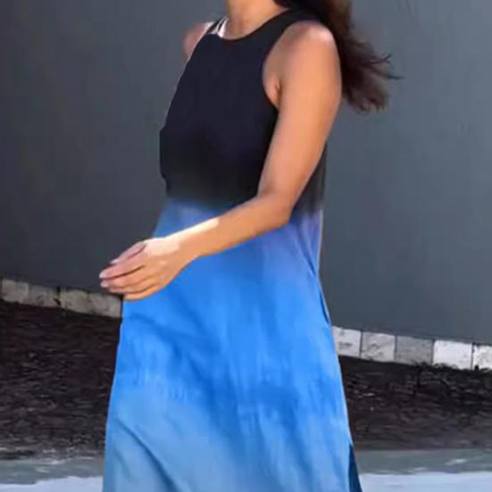 Летнее женское платье с градиентом и цветными блоками, без рукавов и с круглым вырезом, свободное до середины икры, вечерние пляжные платья миди для свиданий и отдыха