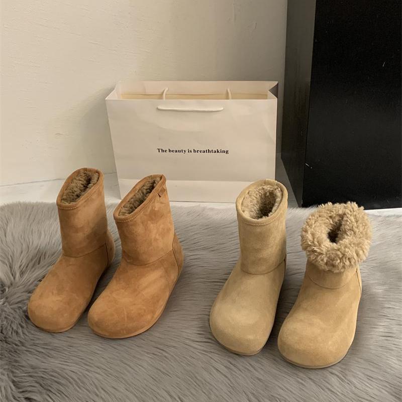 Cowhide version~ big head ugly cute velvet snow boots flat-bottomed fluffy boots women's Birkenstocks thermal cotton shoes retro short boots