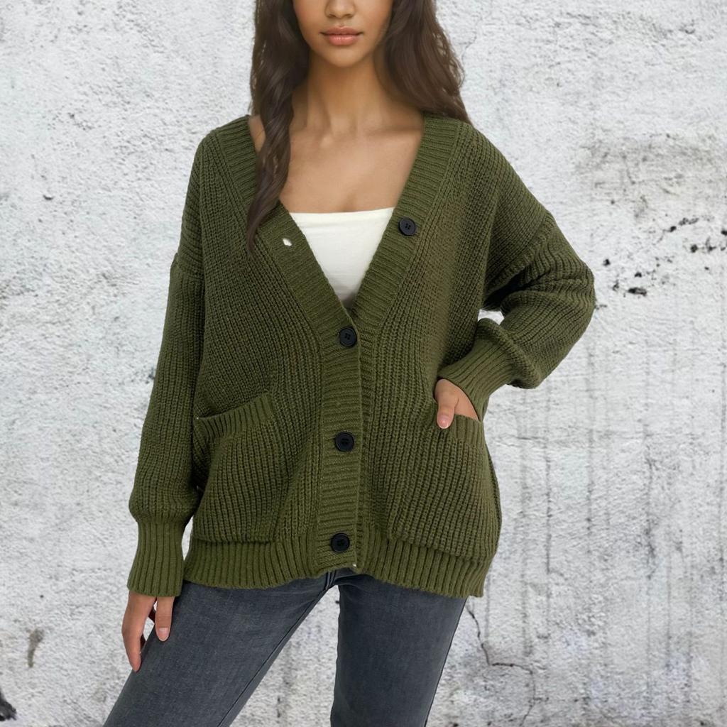 Женская мода однотонный вязаный кардиган с карманами на пуговицах пальто свитер