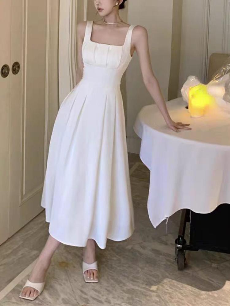 Элегантное платье, женское шикарное французское сексуальное ретро платье Хепберн, милое эстетичное длинное платье с квадратным воротником и складками на талии, облегающее большой подол