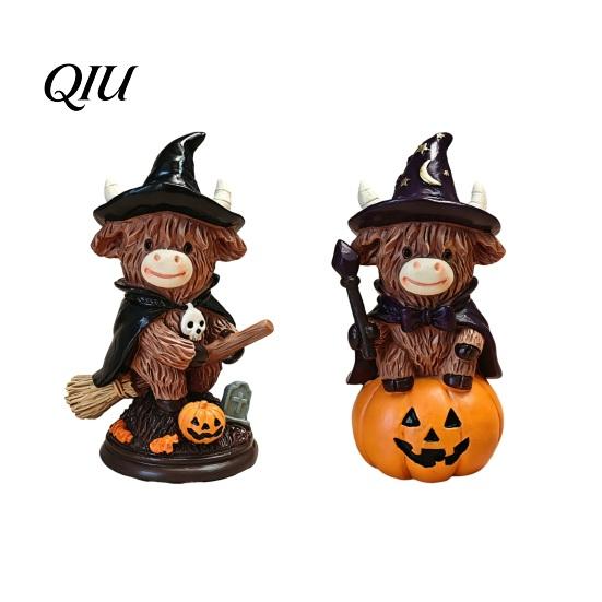 Durable Resin Statue Highland Cow Figurine, Halloween Witch Pumpkin Skull Statue, Scottish Decor Ornament for Calf Lovers, Shelf, Tiered Tray, Mantel,