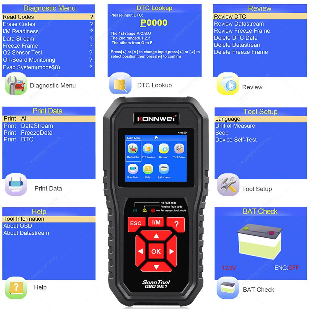 KONNWEI KW850 OBD2 Car Diagnostic Scanner Tools OBD 2 Auto Diagnostic Tool Check Engine Automotive Car Scanner Code Reader Black