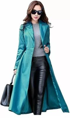 Женский плащ тренч бирюзово-голубого цвета, кожа натуральная овчина, ручная работа, длинный, для вечеринок, стильный