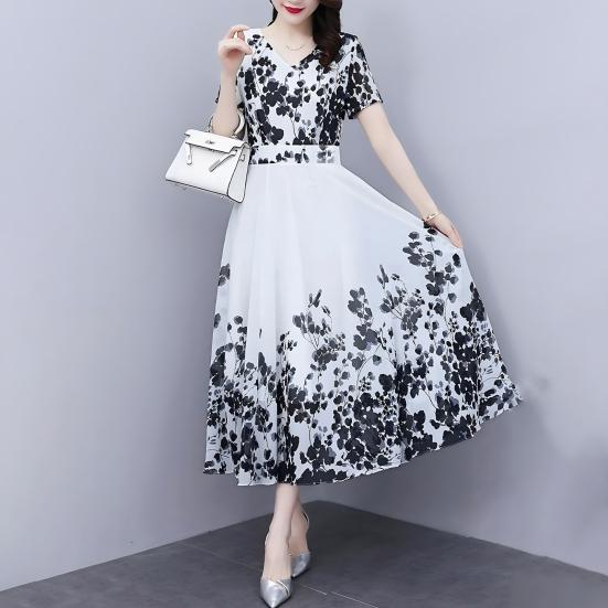 Women's Floral Maxi Dress Chinese Art Style Print A-line Long Dress Summer Short Sleeve