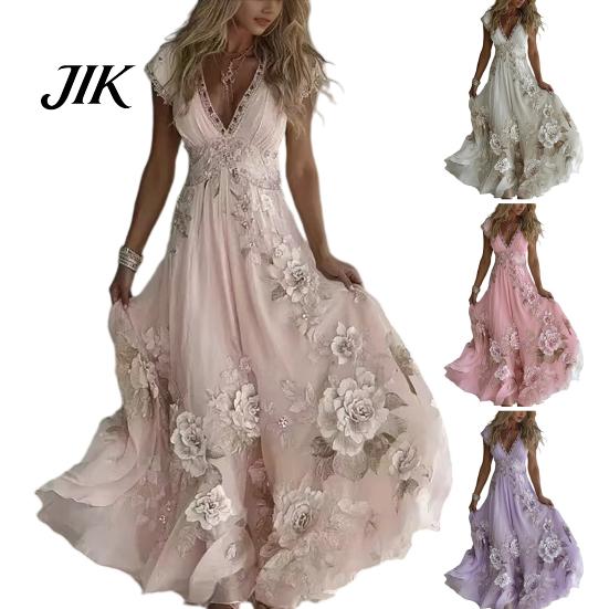 A-line Silhouette Dress Summer Floral Maxi for Women Short Sleeve V Elegant Printed Neck Swing Beach Vacation Sundress Lightweight