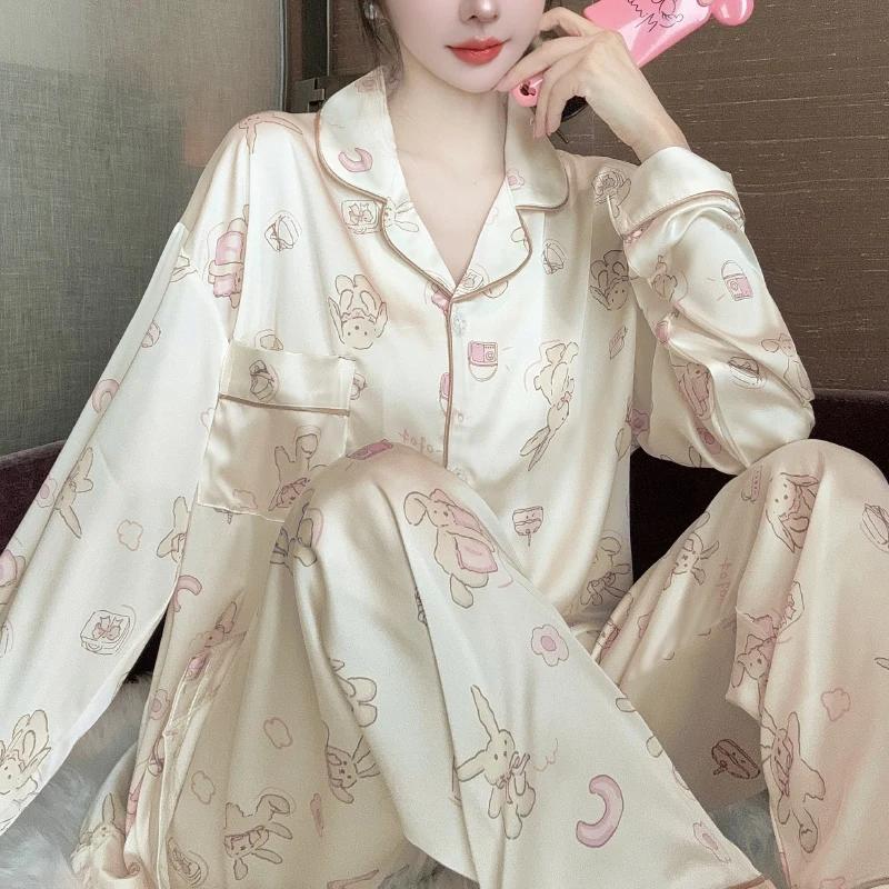 Women's Pajamas Sets Spring Autumn Cartoon Print 2 Piece Pyjama Faux Silk Satin Sleepwear Long Sleeve Pijama Mujer Pjs Homewear