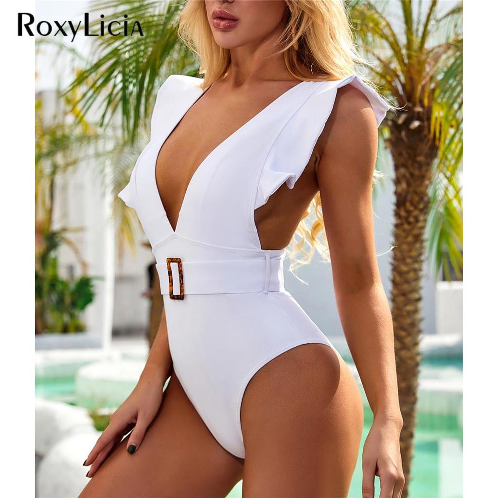 Sexy Ruffled White Deep V One Piece Swimsuit Women Swimwear Female With Belt Monokini Bather Bathing Suit Swim Lady